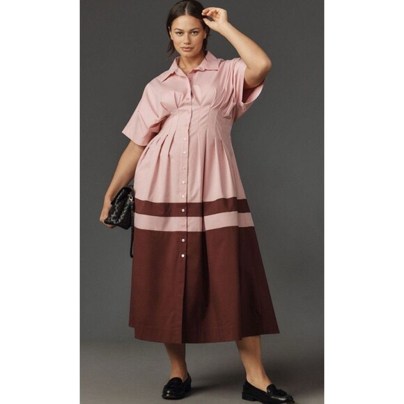 Exquise Anthropologie Midi Dress Pink Tobie Button Front Pleat Shirt Size XL NWT - Picture 3 of 11